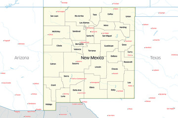 Obraz premium Political map of the counties that make up the state of New Mexico located in the United States.