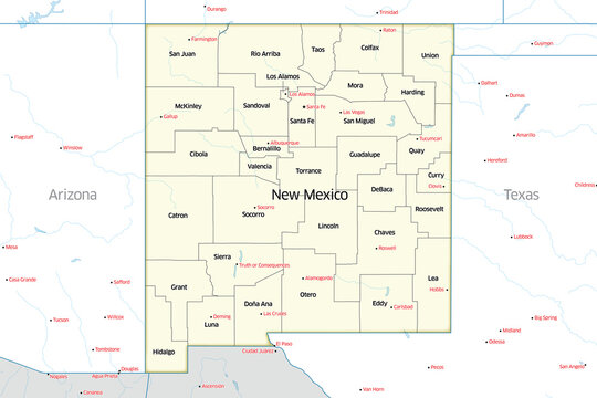 Political map of the counties that make up the state of New Mexico located in the United States.