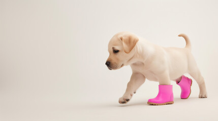 Labrador puppy walks in pink rubber boots