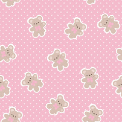 Fototapeta na wymiar Pink cute kawaii teddy bears with dots texture background, kids seamless pattern background for boy and girl. Wrapping paper childish design, fabric and textile print