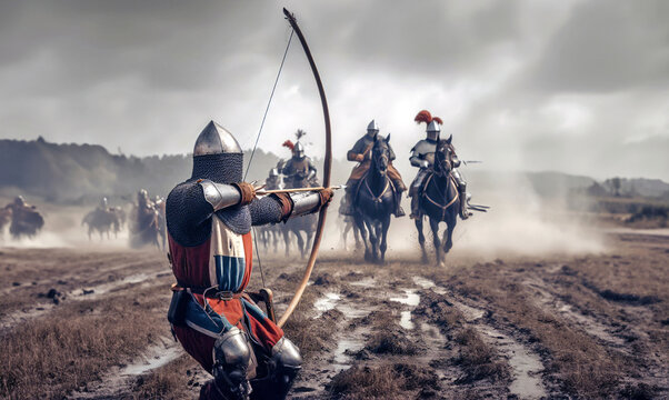 Against all odds an outnumbered and desperate medieval archer unleashes a volley of arrows against charging knights on the muddy medieval battlefield