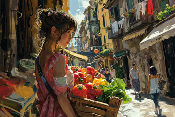 girl with a crate of vegetables on a street corner. The buildings in the background are colorful and eclectic, and there are people walking by