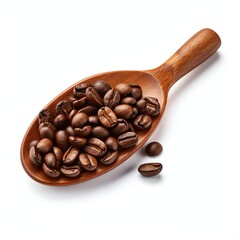 Obraz premium a Roasted coffee beans on a wooden spoon, studio light , isolated on white background