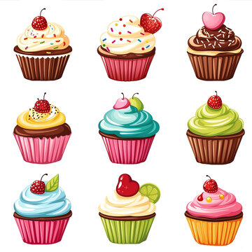 Set of Cartoon Cupcakes Vector Illustration PNG Image