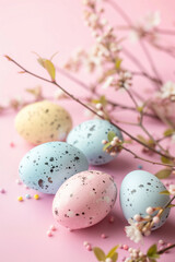 Naklejka na ściany i meble Colorful Easter eggs on pink background among spring flowers. Holiday concept. Background image for greeting card, spring postcard, banner, flyer, advertising.