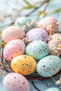 Nest of Easter eggs among spring flowers. Holiday concept. Background image for greeting card, spring postcard, banner, flyer, advertising.