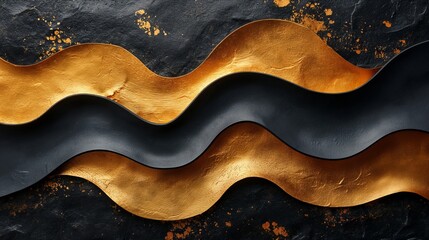 Obraz premium Abstract gold black acrylic painted fluted 3d painting texture luxury background banner on canvas - Golden waves swirls. Decor concept. Wallpaper concept. Art concept. 3d concept. 