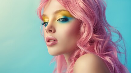 Fashion portrait of girl with pink hair and yellow and blue makeup against blue background.
