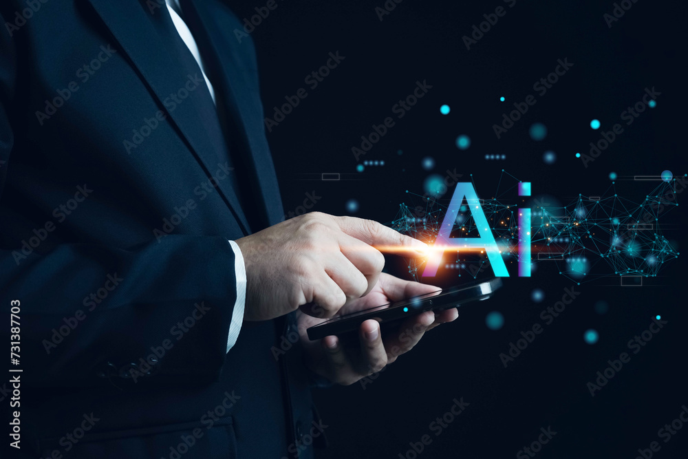 Poster ai technology, businessman show virtual graphic global internet connect chat with ai,artificial inte