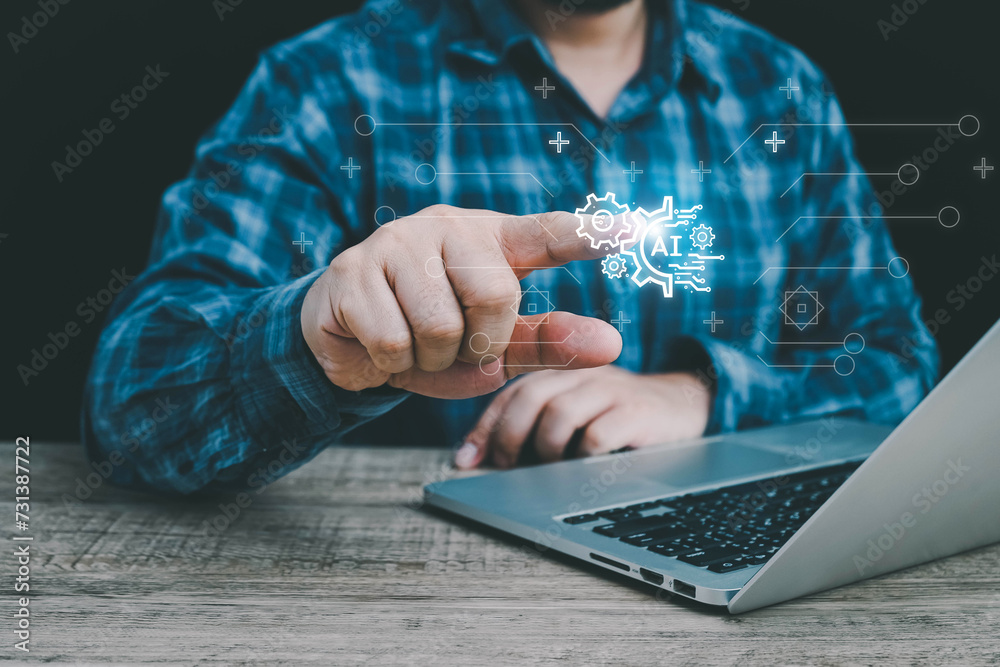 Poster ai technology, businessman show virtual graphic global internet connect chat with ai,artificial inte