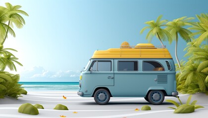 Mini van parking on a beach island, concept of beach vacation, cute 3d cartoon illustration