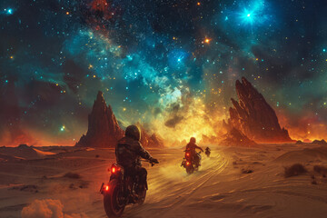 group of motorcyclists riding through a desert landscape at night. The riders are wearing helmets and leather jackets, and there are stars in the sky - obrazy, fototapety, plakaty