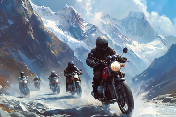 group of motorcyclists riding through a mountain pass. The riders are wearing helmets and leather...