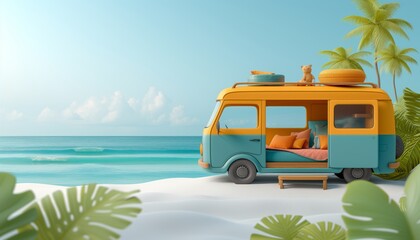 Mini van parking on a beach island, concept of beach vacation, cute 3d cartoon illustration