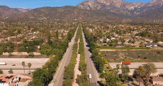 Euclid Ave Tree Lined Bridge over freeway in Ontario, California