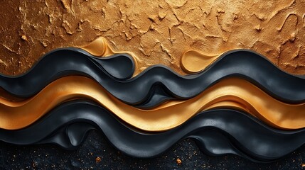 Abstract gold black acrylic painted fluted 3d painting texture luxury background banner on canvas -...
