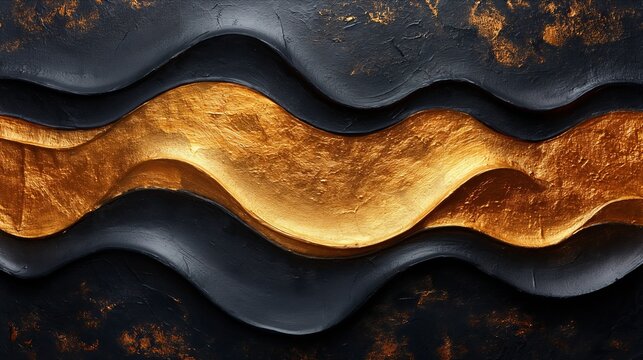 Abstract gold black acrylic painted fluted 3d painting texture luxury background banner on canvas - Golden waves swirls. Decor concept. Wallpaper concept. Art concept. 3d concept. 