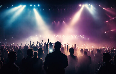 Naklejka premium crowd of people dancing at concert, Crowd silhouette, music band and concert audience listen to club artist, stage performance or celebrity star. Night event lights, rave festival and dark shadow grou