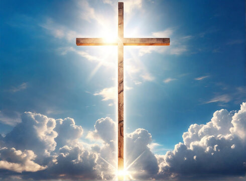Cross of Jesus Christ in the sky. Illustration. . Perfect composition, beautiful detailed , 8k photography, photorealistic , soft natural perfect light, HD quality