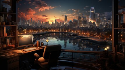 A young professional working late in an office with city views
