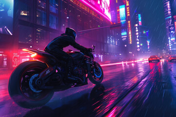 man riding a motorcycle through a city at night. The streets are lit up with neon lights, and there are other vehicles on the road