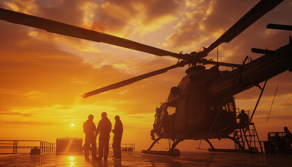 Fototapeta na wymiar Beautiful sunset photo of a aircraft servise team military soldiers silhouettes next to helicopter with wide propeller blades on navy aircraft carrier deck. Modern military technology concept image.