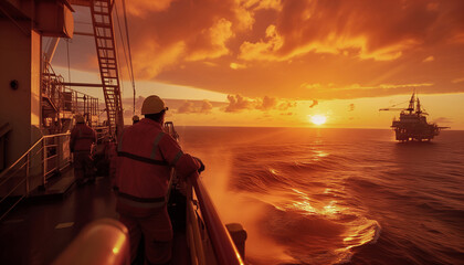 Golden hour photo of oil offshore drill team workers dressed uniform aproaching platform on marine vessel.  Petroleum and gas extract and process exploration industry concept wide-angle image.