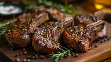 Tender, large pieces of lamb chops lying on a wooden board