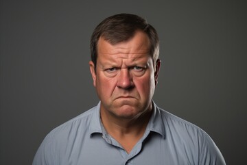 Portrait of a middle aged man with angry facial expression on grey background