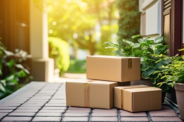 Package drop-off point: Assorted parcels and boxes placed near the entrance, symbolizing the seamless drop-off and arrival of deliveries at home