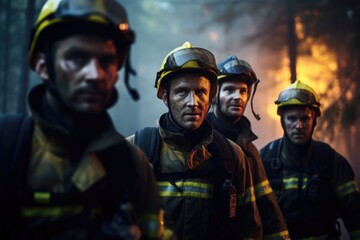 Fototapeta premium Fearless Fire Rescuers: A powerful image of male firefighters fearlessly working to rescue in the midst of a burning forest