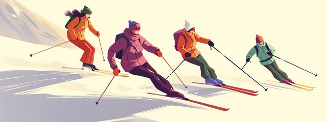A group of skiers in colorful gear swiftly descending a snowy slope