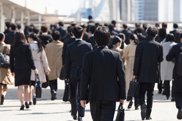 朝の通勤するビジネスマンたちの後ろ姿　東京