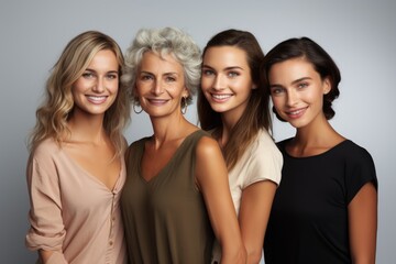 Obraz premium Multigenerational gathering of European women, harmoniously posed on a simple white backdrop
