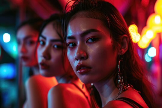 A close-up image capturing the allure of beautiful Thai women as they meet the camera's gaze amidst the city's nighttime charm