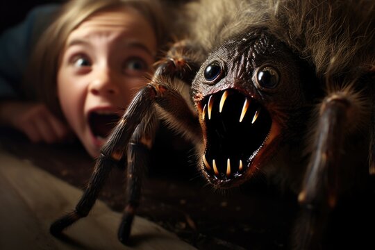 Conceptual image of a girl's horror at the sight of a spider, representing the fear of spiders