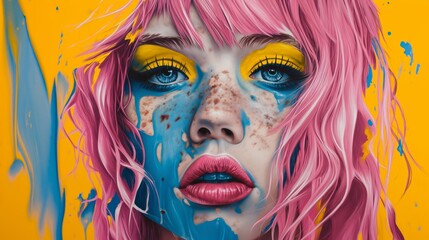 Obraz premium Illustration of a girl with pink hair and yellow and blue makeup.