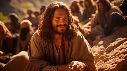 Jesus Christ preaches to the people in the wilderness.