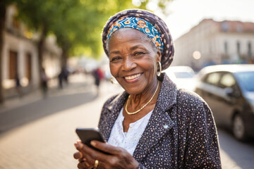 Cheerful senior black African woman with turbant smiling and using mobile phone on the street, natural sunlight with out of focus blurred background, copy space - Powered by Adobe
