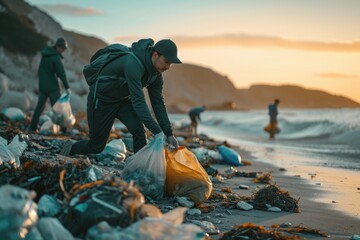 Environmental activist collecting trash along the shoreline, with focus and determination.