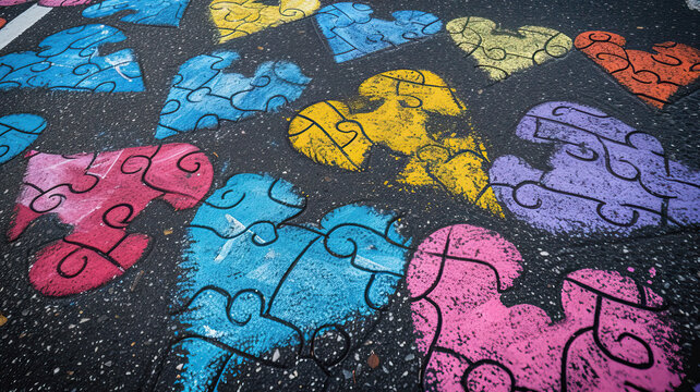 The children drew hearts from puzzle pieces with chalk on the asphalt.