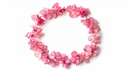 wreath of spring pink flowers petals isolated on white, pink petals ring circle frame.