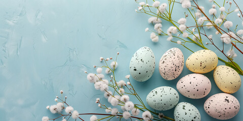Colorful flat lay with Easter eggs on blue background among spring flowers. Holiday concept. Background image for greeting card, spring postcard, banner, flyer, advertising.