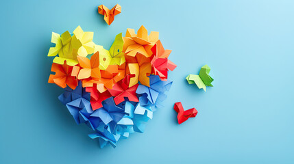 Origami figurines forming a heart on a blue background.