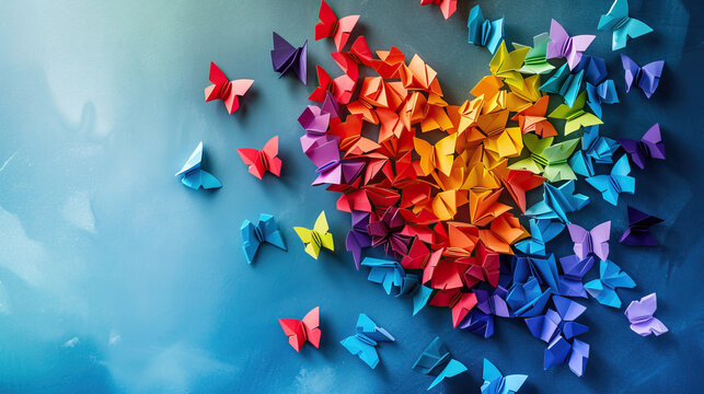 Origami butterflies made of colored paper form a heart.