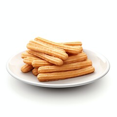 a spanish churros on a plate, studio light , isolated on white background