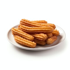 a spanish churros on a plate, studio light , isolated on white background