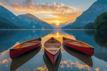 Fotobehang Peaceful waterscape: A picturesque lake scene with wooden canoes, capturing the essence of nature's tranquility. © Konstiantyn Zapylaie
