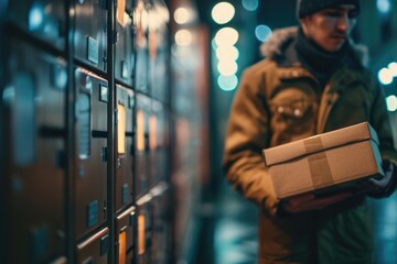 A man, possibly a courier or customer, holds a box near mailboxes. Likely an automated delivery system with packages in lockers