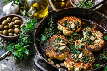 Rustic cauliflower steaks with green herb sauce in a well-used pan, Mediterranean-inspired. Olives, capers, and fresh herbs accompany